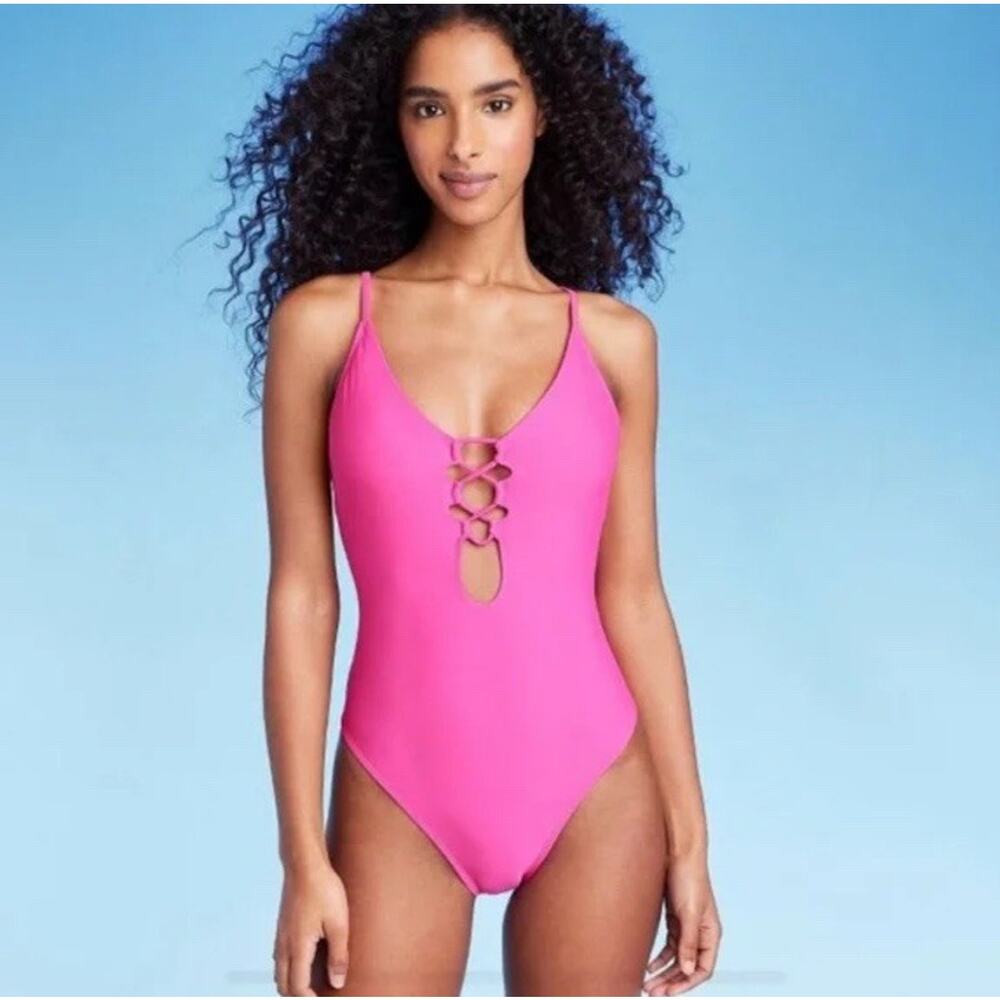 Women’s Shade & Shore Lace Up Front Onepiece Swimsuit Bright Pink S M 8/10NWT
